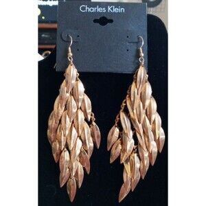 Charles Klein Pierced Earrings Gold Tone Dangle Leaves Hook 5" Long Boho Beach